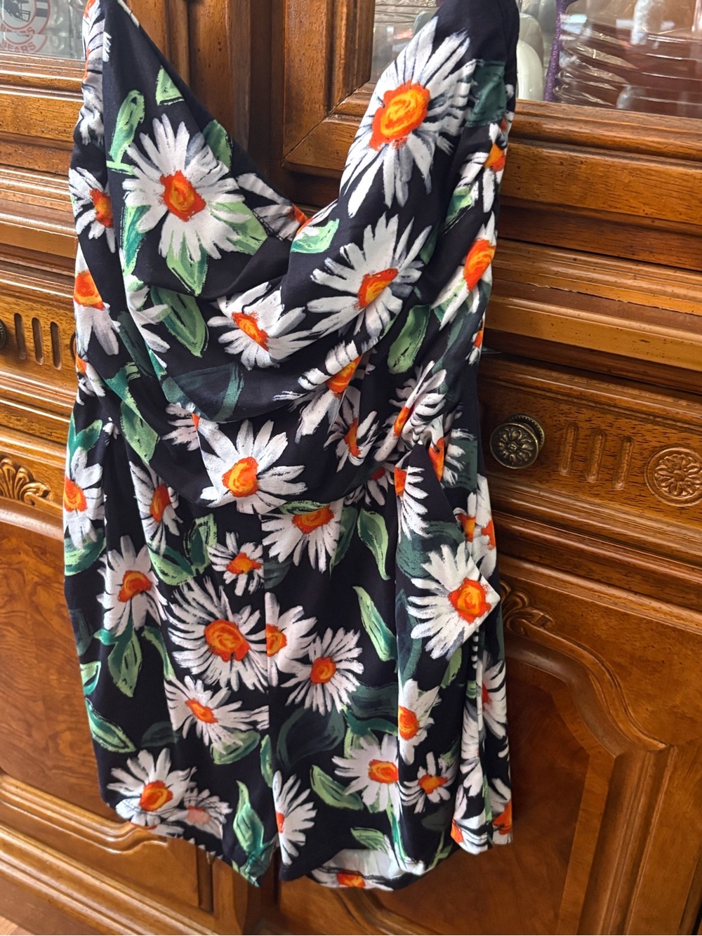 Absolutely Black Strapless Dress with White & Orange Daisy Print